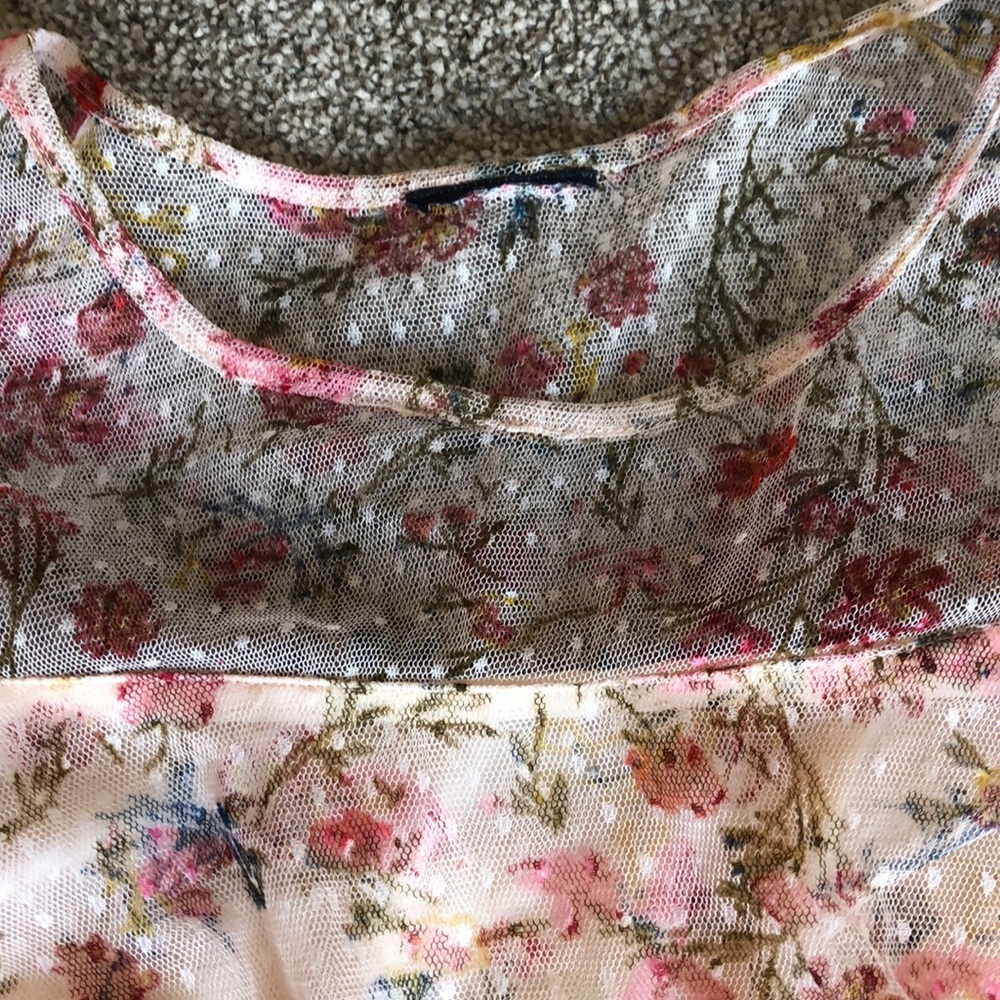 Tiered lined mesh dotted floral top, bell sleeves